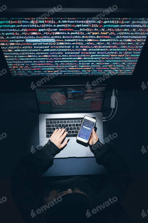 Preview: Cyber security threat. Young woman using computer and coding. Breaking protection. Stealing data