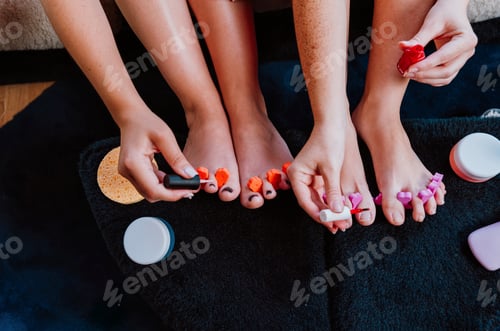 Preview: Women painting toenails with colorful nail polish at home