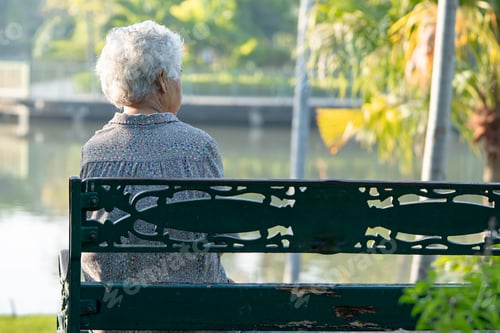 Preview: Asian elderly woman depressed and sad sitting back on bench in autumn park.