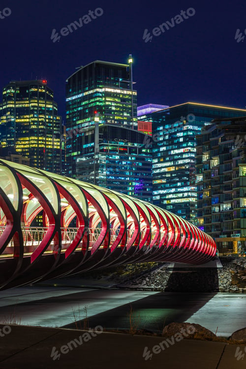 Preview: Peace Bridge across the Bow River Calgary at night Alberta, Canada.
