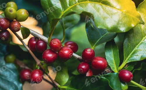 Preview: harvesting coffee berries by agriculture. Coffee beans ripening on the tree in North of Thailand