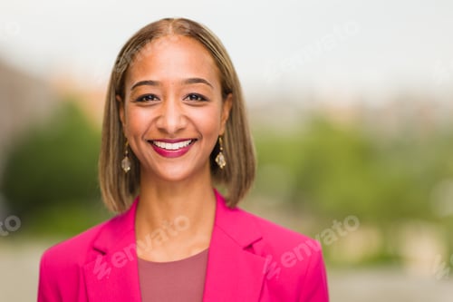 Preview: south African businesswoman CEO Headshot in blurry background. Millennial woman entrepreneur