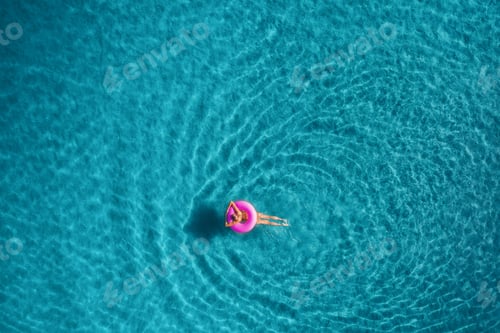 Preview: Aerial view of young woman swimming on the pink swim ring