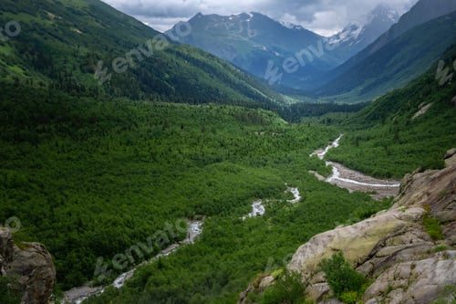 Preview: Green river valley canyon wide summer panorama North Caucasus