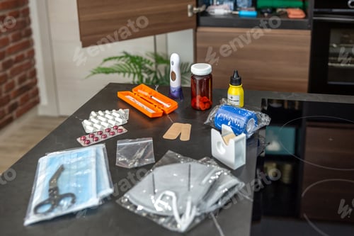 Preview: Domestic first aid kit prepared for injuries or accidents. Medical supplies laying on kitchen table.