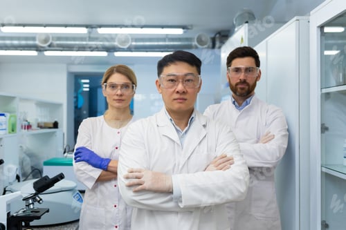 Preview: Portrait of a young team of scientists and doctors standing in a modern laboratory in white coats
