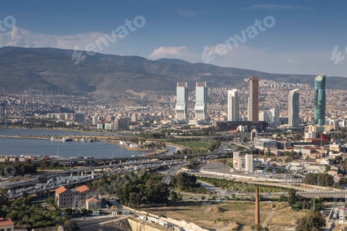 Preview: Panoramic izmir city photo taken with night long exposure technique, with plenty of light