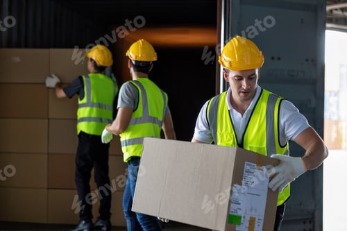 Preview: 3 Workers hand carry carton box take from 40 feet steel container one by one and stack on floor