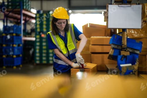 Preview: Warehouse worker folding paper box for packing the items