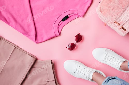Preview: Flat Lay Shot Of Female Pastel Pink Clothing With Feet