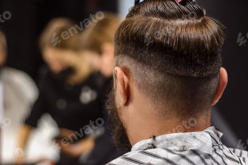 Preview: Back view of customer on haircut in hairdressing salon