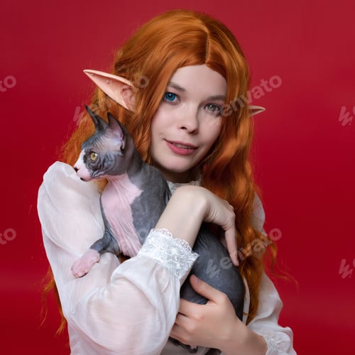 Preview: Portrait of young redhead woman cosplayer elf with purebred Sphynx Hairless kitten on red background