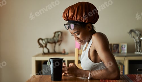 Preview: Woman Relaxing at Home with Tea and Phone