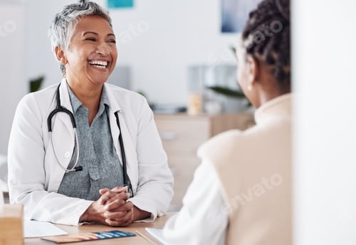 Preview: Happy woman, laughing or doctor consulting a patient in hospital for healthcare help, feedback or s