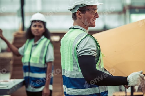 Preview: The tech prepare cardboard sheet with precision before automating production in the paper factory.