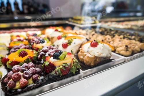 Preview: Italian counter bakery. Freshly baked pastry in a row