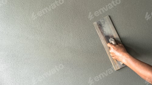 Preview: Hand plaster plastering gray cement wall background, hand worker brush rough concrete wall