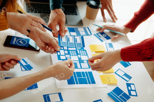 Preview: UX developer and ui designer brainstorming about mobile app interface wireframe design with