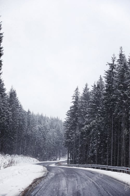 Preview: Beautiful landscape with conifer forest and road on snowy winter day