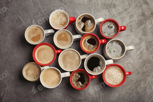 Preview: Flat lay composition with cups of coffee on grey background. Food photography