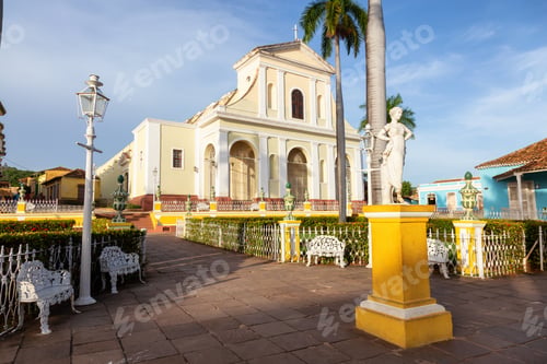 Preview: Catholic Church in Plaza Mayor during a colorful sunset. Trinidad, Cuba