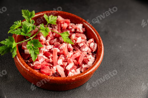Preview: Bacon cubes smoked chopped meat small pieces fresh delicious gourmet food