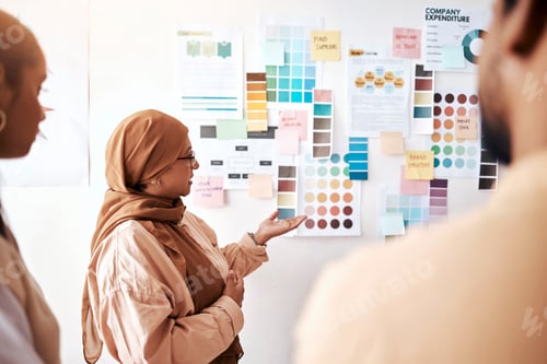 Preview: Planning, collaboration and presentation with a business muslim woman talking to her team in the of