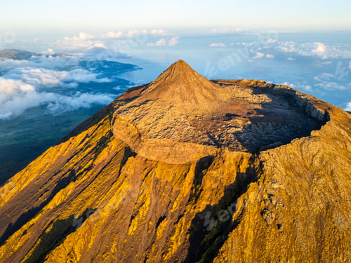 Preview: Top and Crater of Mount Pico at Sunset. Pico Island, Azores. Portugal. Aerial View