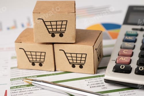 Preview: Shopping cart logo on box with calculator on graph background. Banking Account, Investment