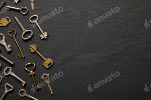 Preview: top view of vintage rusty keys on black background