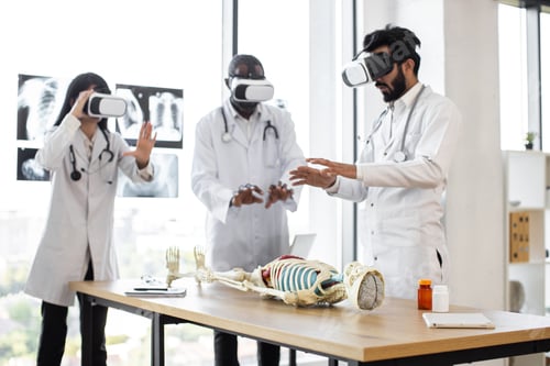Preview: Young multiethnic doctors, bioengeneers, scientists with virtual reality equipment.