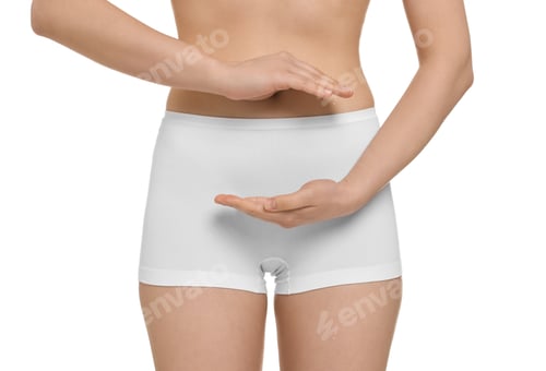 Preview: Woman holding something on white background, closeup. Women's health