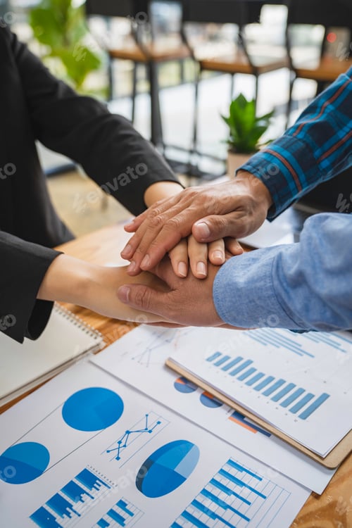 Preview: Group of team creative business people join hands partnership teamwork concept