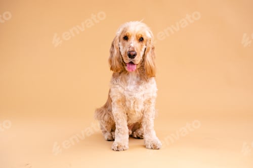 Preview: Adorable Cocker Spaniel dog sitting in brown studio