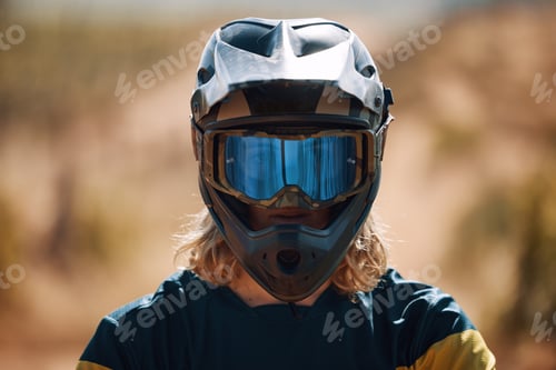 Preview: Sports, motorcross and portrait of man with helmet for dirt racing, mountain biking and training. A