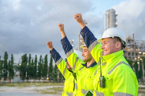 Preview: Refinery industry engineer are working and discussing at front oil and gas industrial factory,