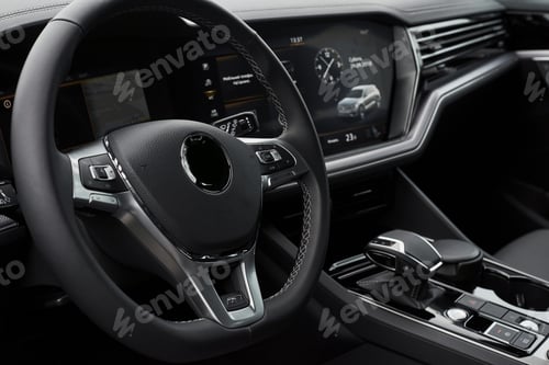 Preview: Interior of a prestigious modern black car. Leather comfortable seats and accessories and steering