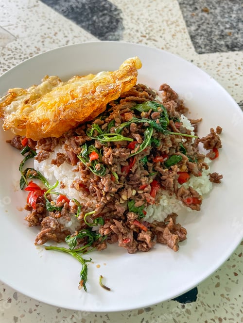 Preview: Rice topped with stir-fried pork and basil, Rice topped with stir fried minced pork and basil