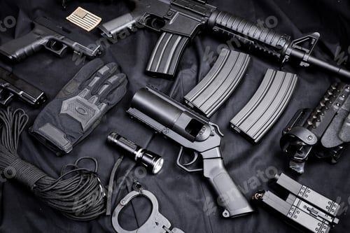 Preview: Rifle, gun, knife with sheath, compass and notebook with pen on on black cloth
