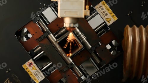 Preview: Industrial Laser cutting the edge of a square shaped pipe. Creative. Automated Industrial machine