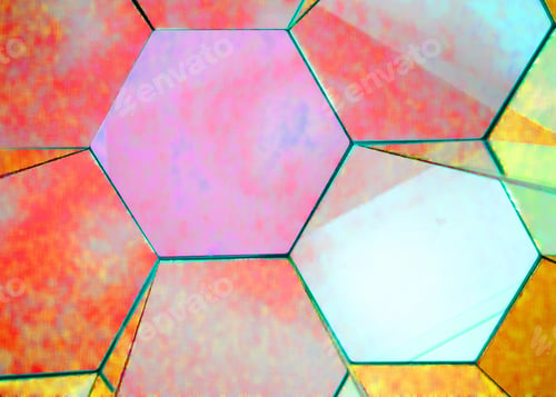 Preview: view of a kaleidoscope of mirrors in the form of regular bright multicolored hexagons