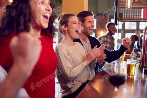 Preview: Group Of Excited Customers In Sports Bar Watching Sporting Event On Television