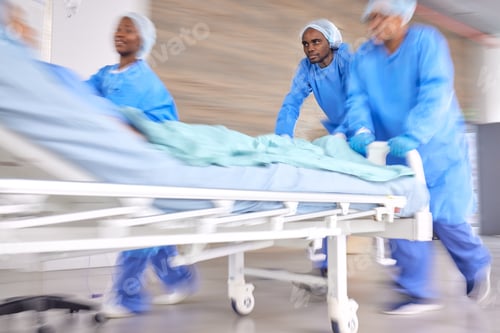 Preview: Surgery, emergency and running with doctors in hospital for medical, accident and operating room. M
