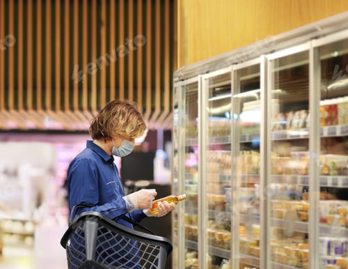 Preview: Supermarket Shopping, Face Mask And Gloves,Young Man Shopping In Supermarket, Reading Product