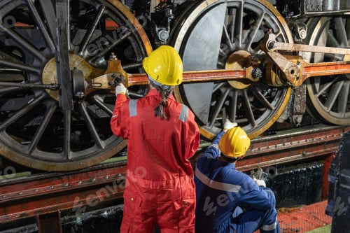 Preview: Engineer train Inspect the train's diesel engine, railway track in depot of train