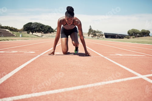 Preview: Fitness, running and woman at start line training for marathon race event at stadium. Exercise, spo