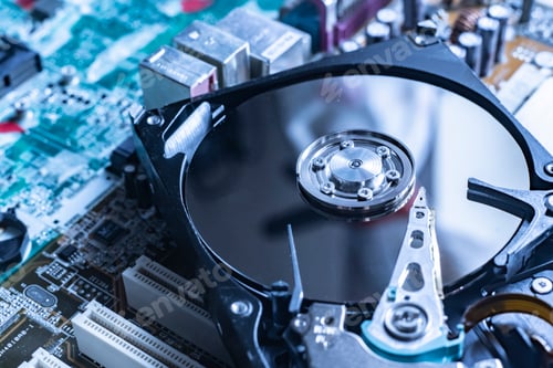 Preview: the macro view of thye hdd drive with information data, magnetic disc, electronic board background
