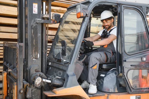 Preview: Arab warehouse worker driving forklift in lumber yard