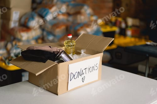 Preview: Donation food and cloting for refugees, support of war victims, helping people, charity.