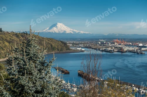 Preview: A Panoramic View Of Mount Rainier, The Port Of Tacoma And A Marina.